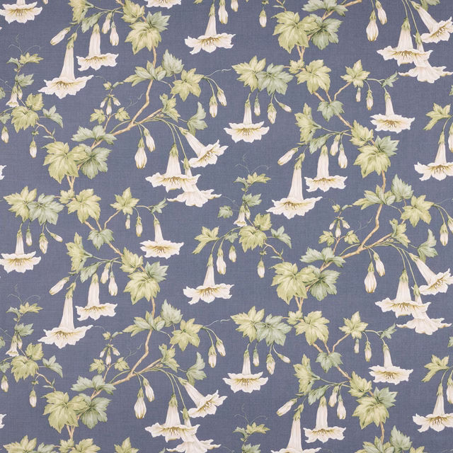 Blue linen fabric with trailing cream bellflowers and pale green leaves