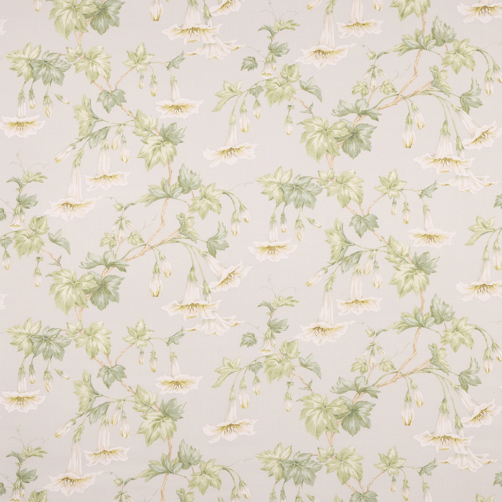 Pale old blue floral linen fabric with white flowers and soft green leaves