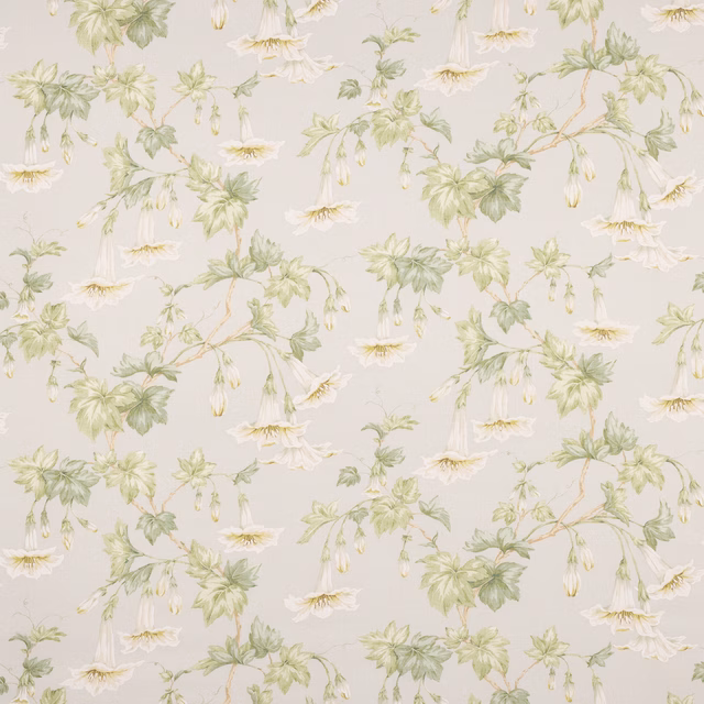 Pale old blue floral linen fabric with white flowers and soft green leaves