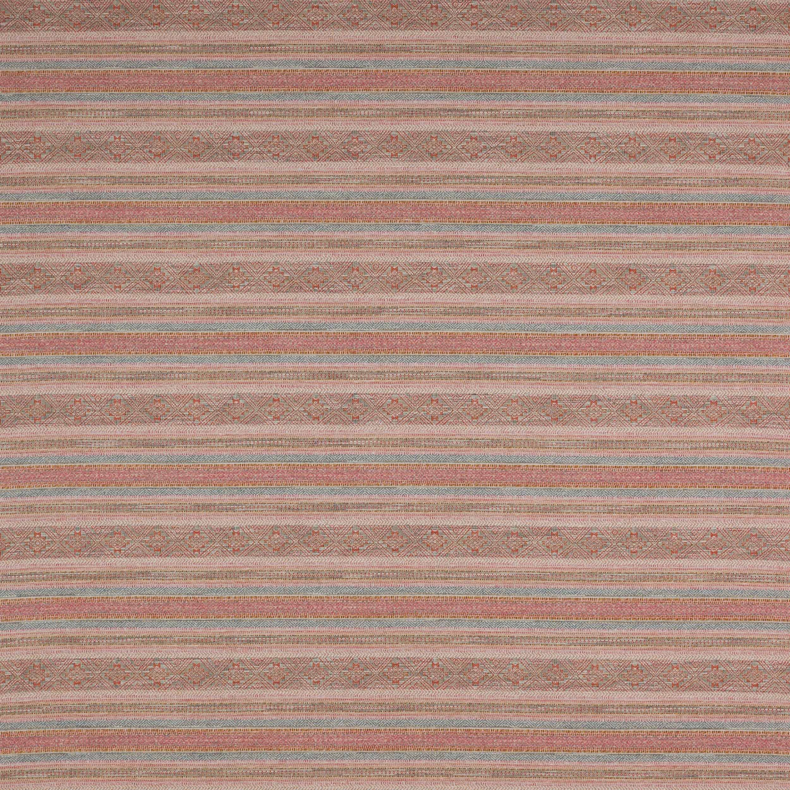Muted pink and sienna striped woven fabric with narrow blue accent bands