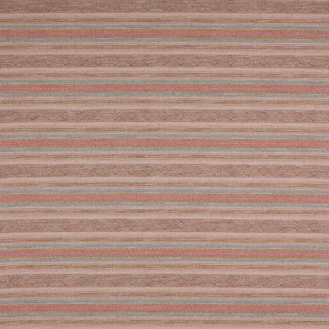 Muted pink and sienna striped woven fabric with narrow blue accent bands