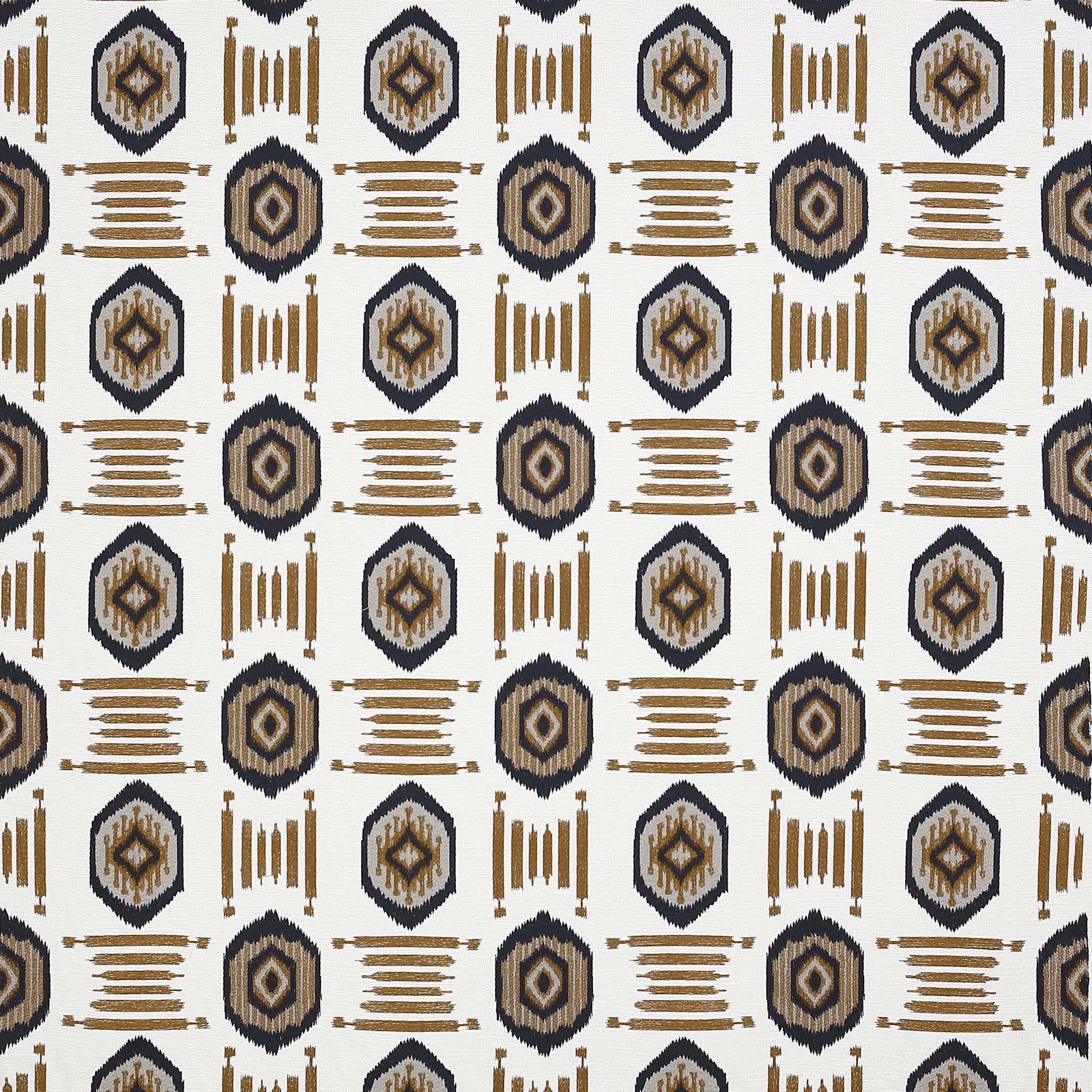 Geometric woven fabric with ivory ground, ebony hexagons and tan linear motifs