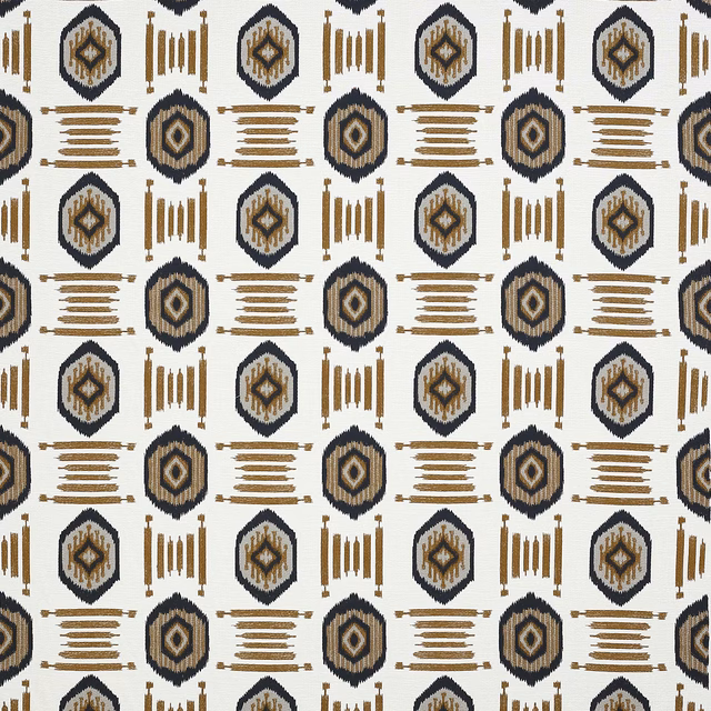 Geometric woven fabric with ivory ground, ebony hexagons and tan linear motifs