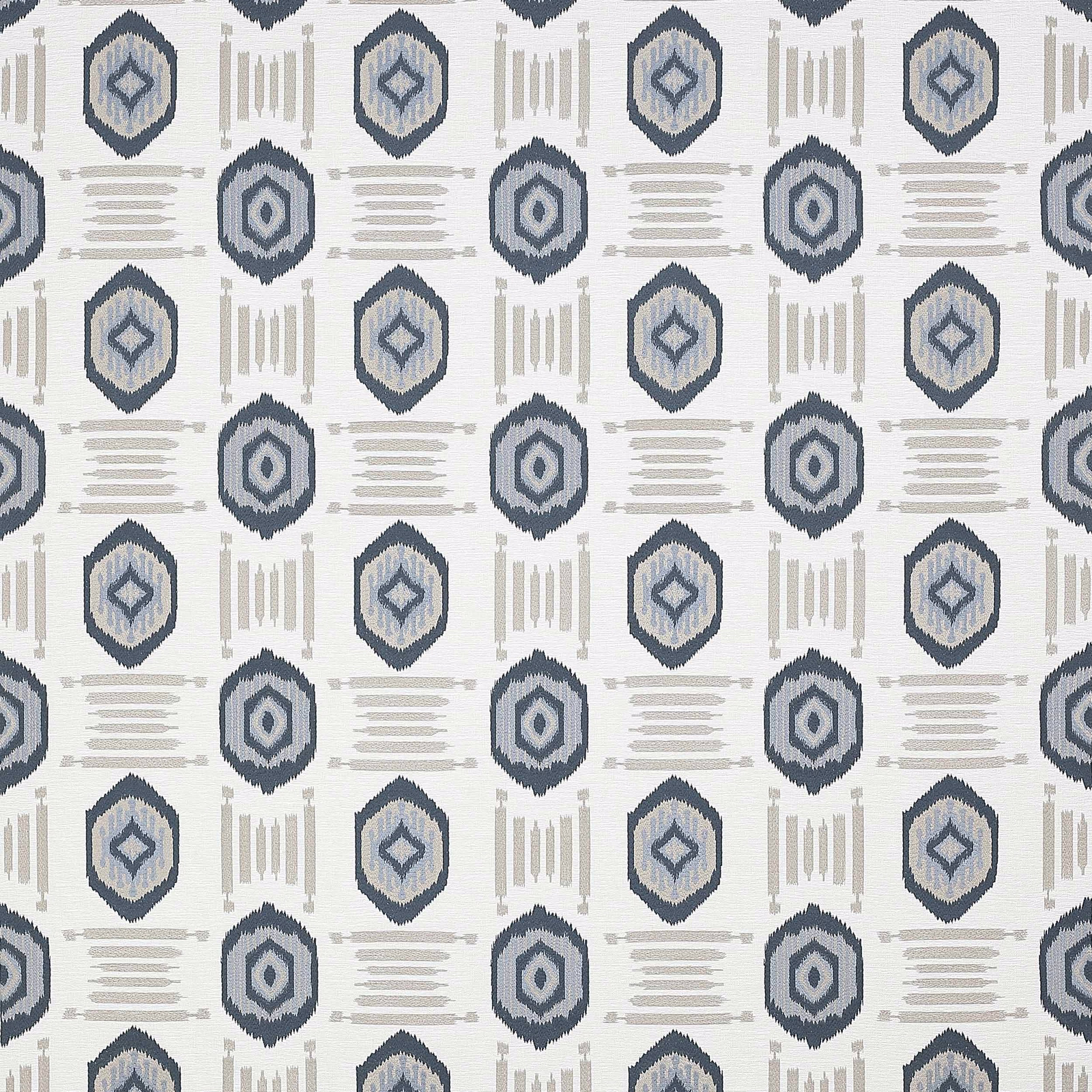Cool slate-blue geometric medallions and linear motifs on an ivory woven ground