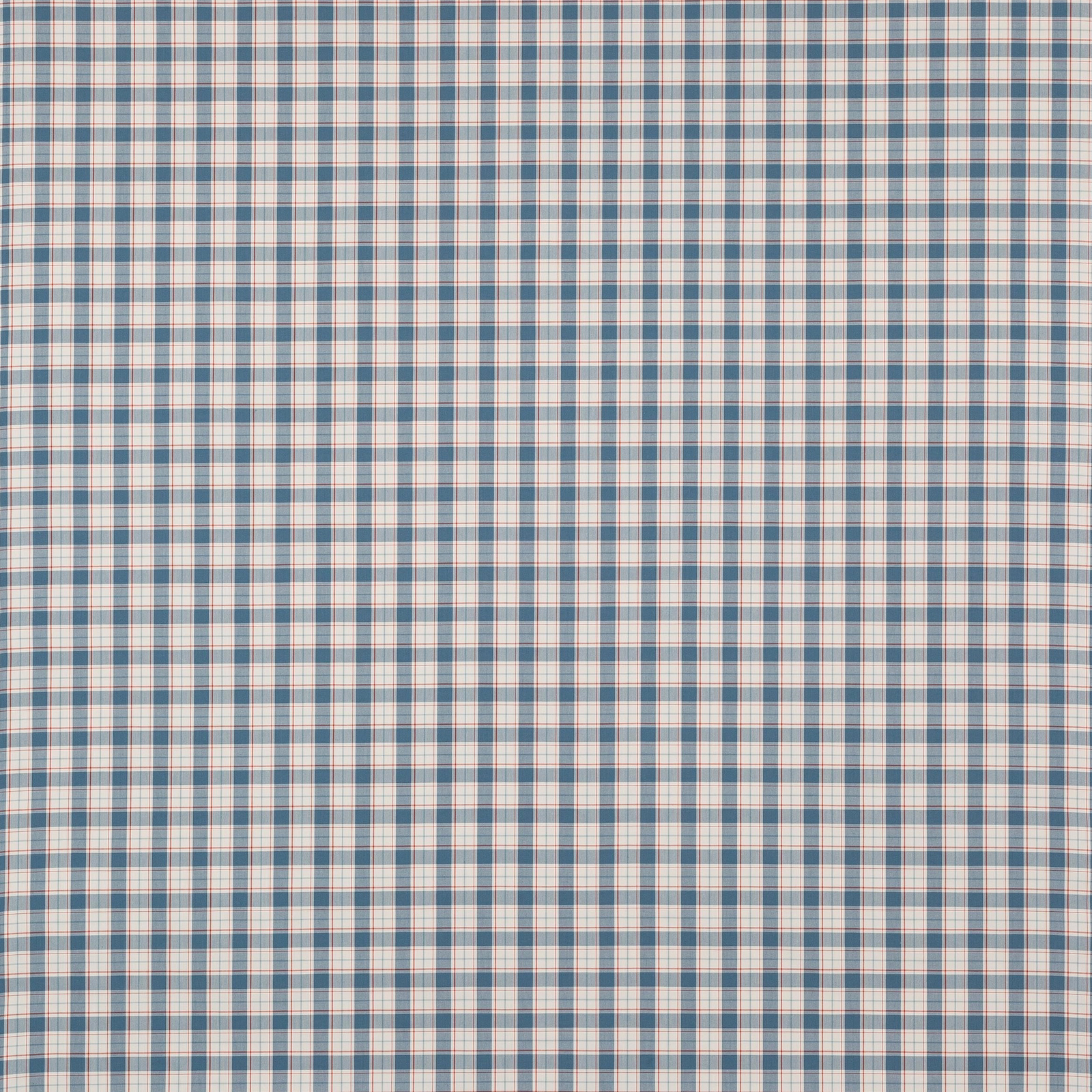 Close-up of a small blue and muted red cotton check on a pale ground