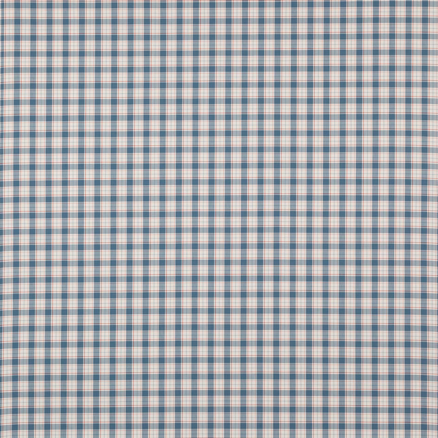 Close-up of a small blue and muted red cotton check on a pale ground