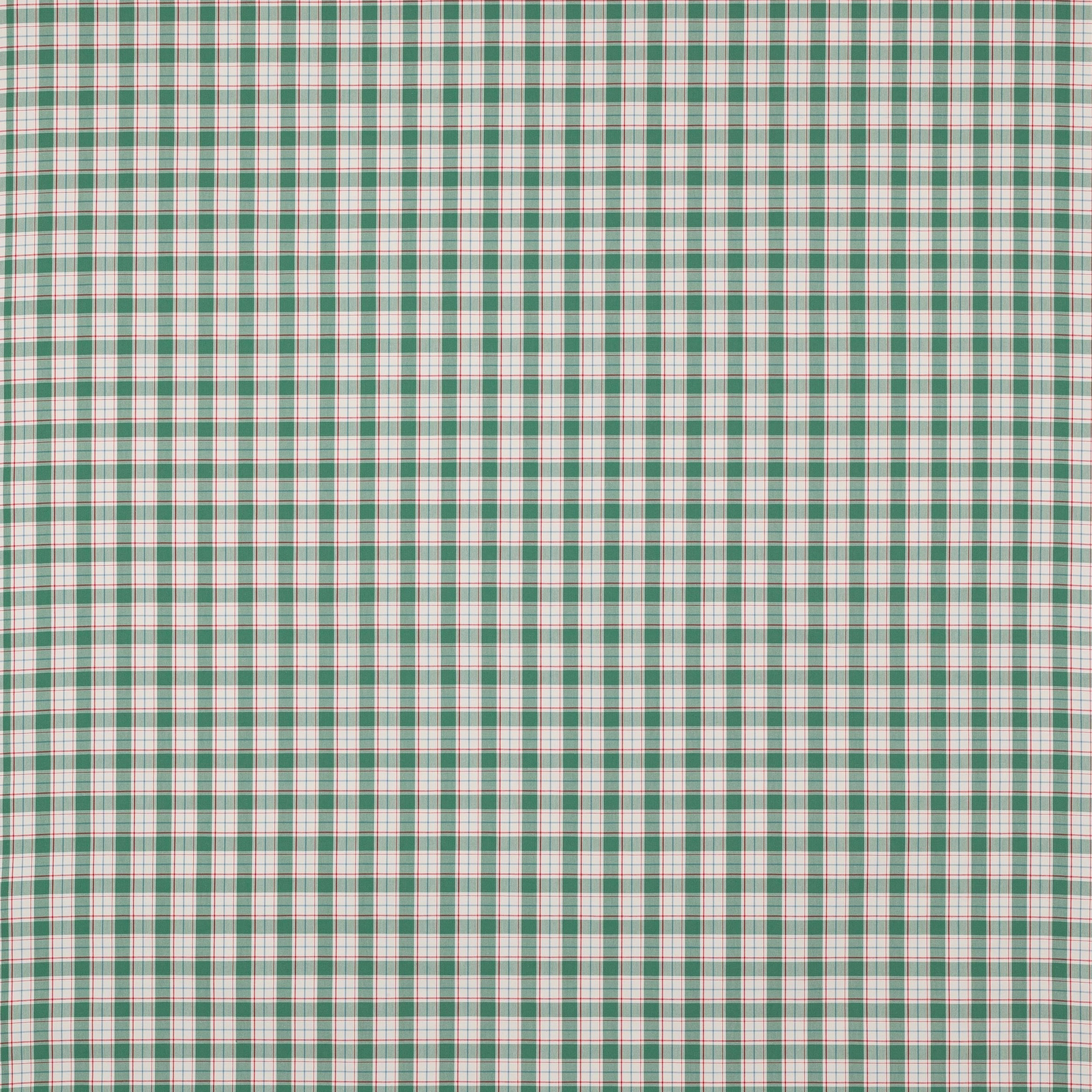Small teal green and red check cotton swatch on a pale ground