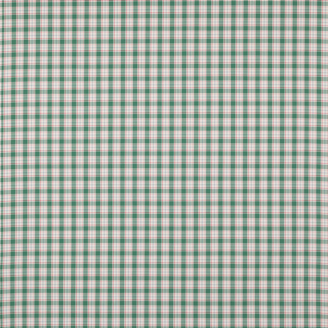 Small teal green and red check cotton swatch on a pale ground