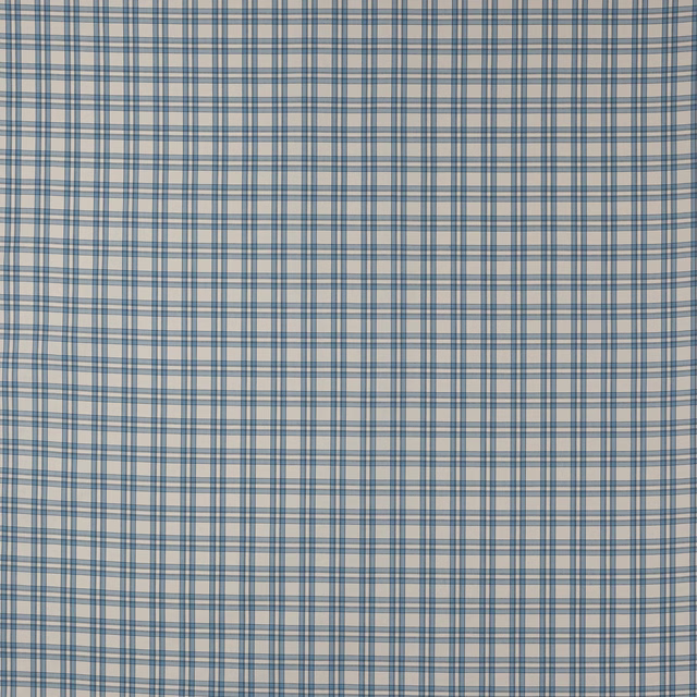 Soft blue and cream woven check cotton fabric with a small regular grid