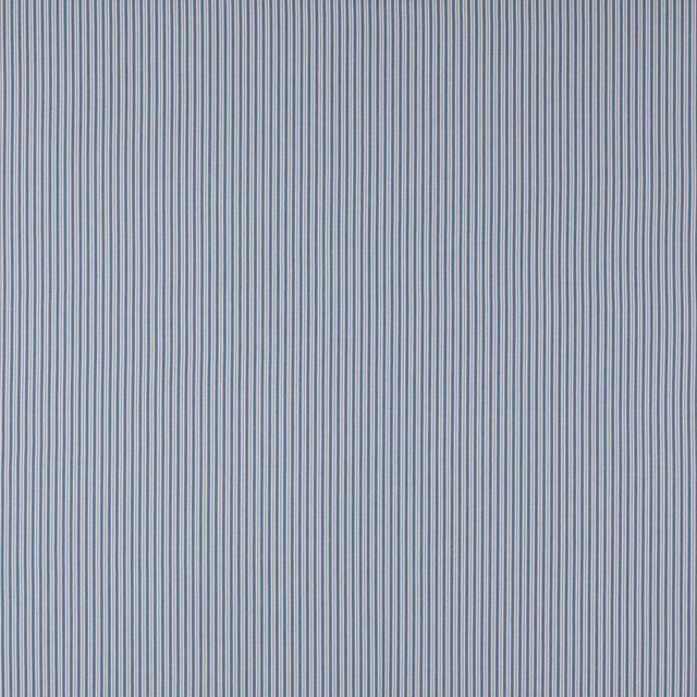 Close-up of fine cobalt blue and pale vertical pinstripes on cotton fabric