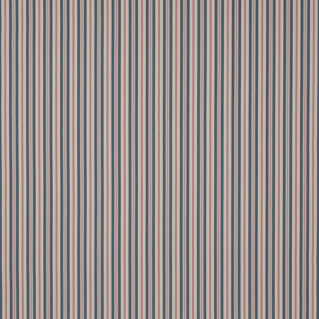 Vertical narrow blue, red and cream stripes on a cotton fabric swatch