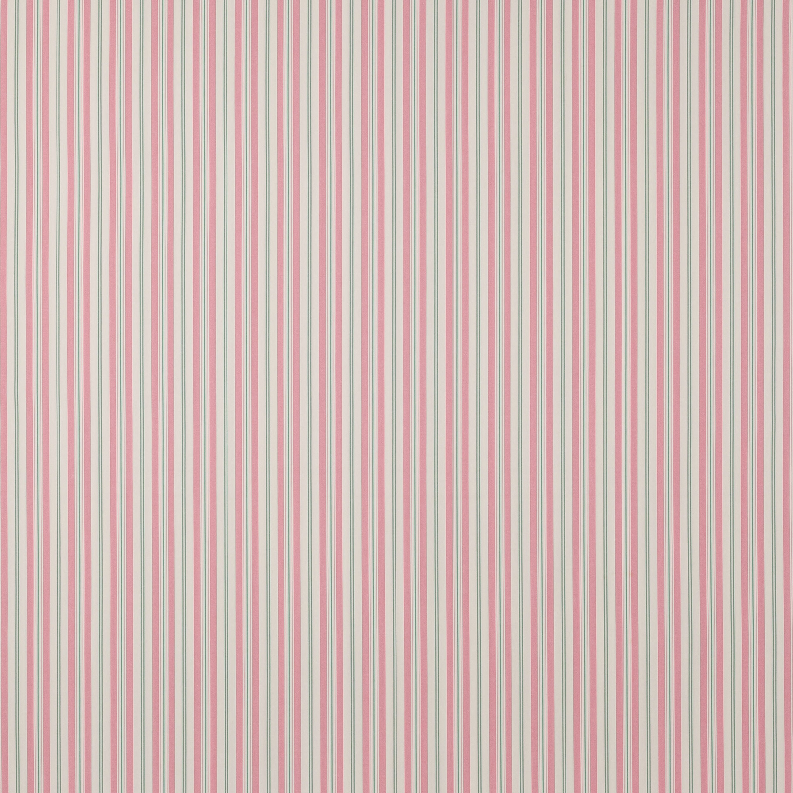 Vertical pink, mint and ivory stripe fabric on a pale ground