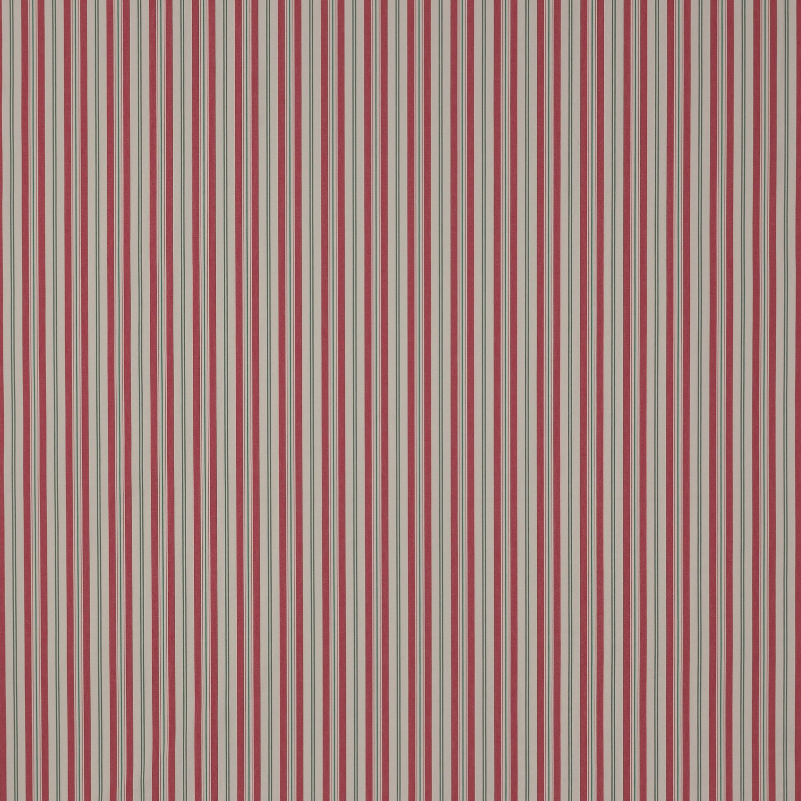 Vertical red and cream cotton stripe fabric with narrow green pinstripes
