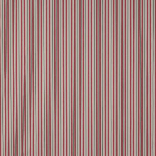Vertical red and cream cotton stripe fabric with narrow green pinstripes