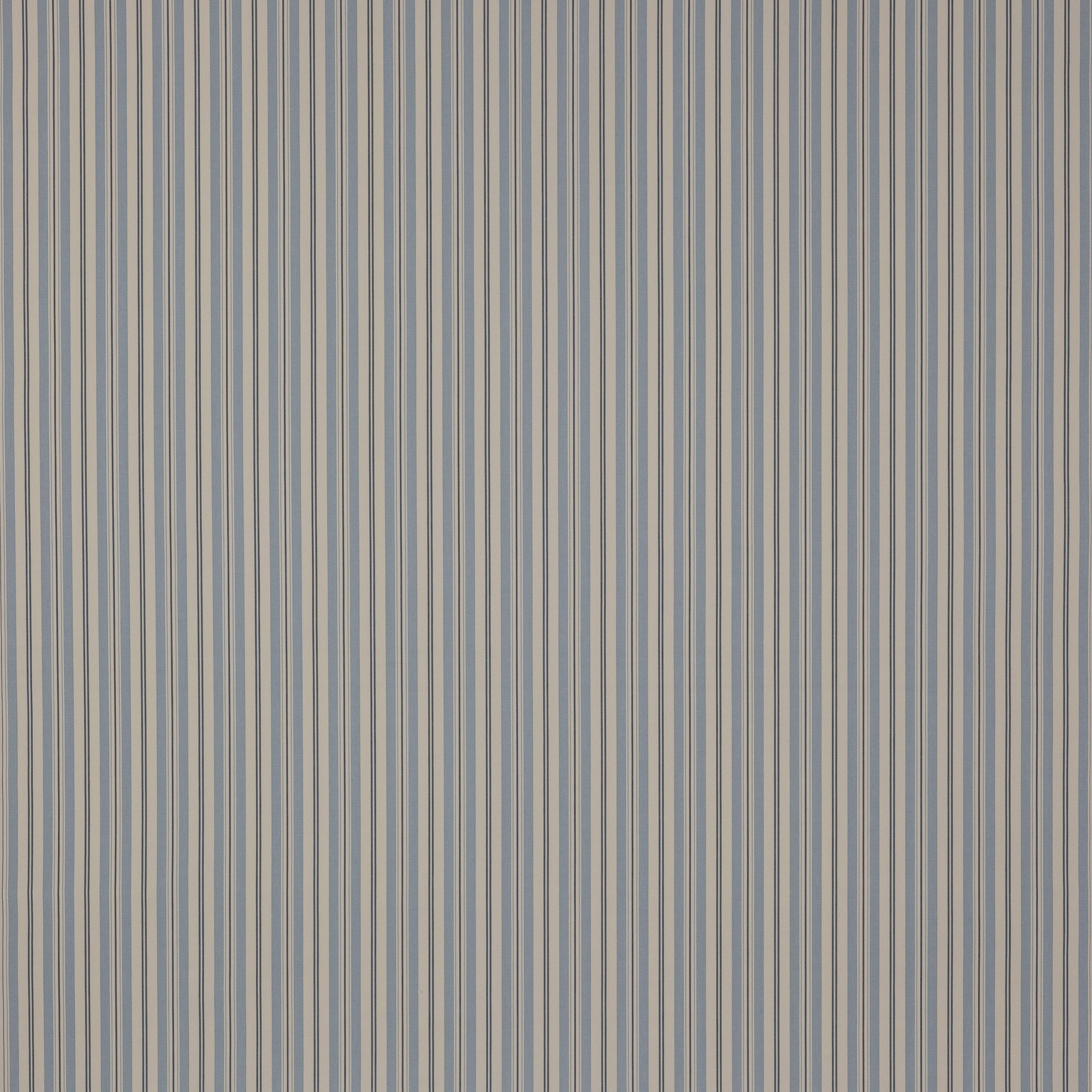 Vertical narrow stripe fabric in soft blue, cream and grey on a smooth cotton ground