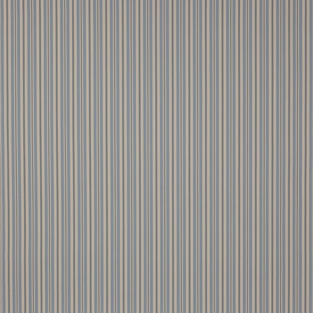Vertical narrow stripe fabric in soft blue, cream and grey on a smooth cotton ground