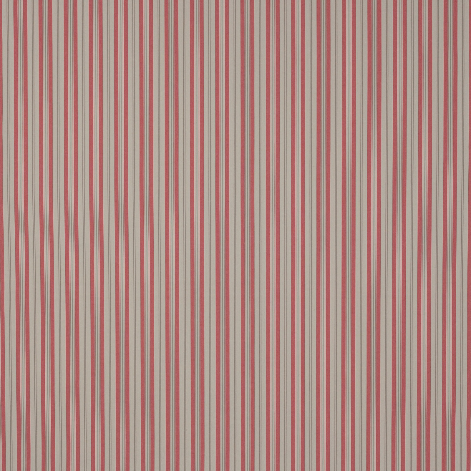 Vertical soft red and pale neutral ticking stripe cotton fabric swatch