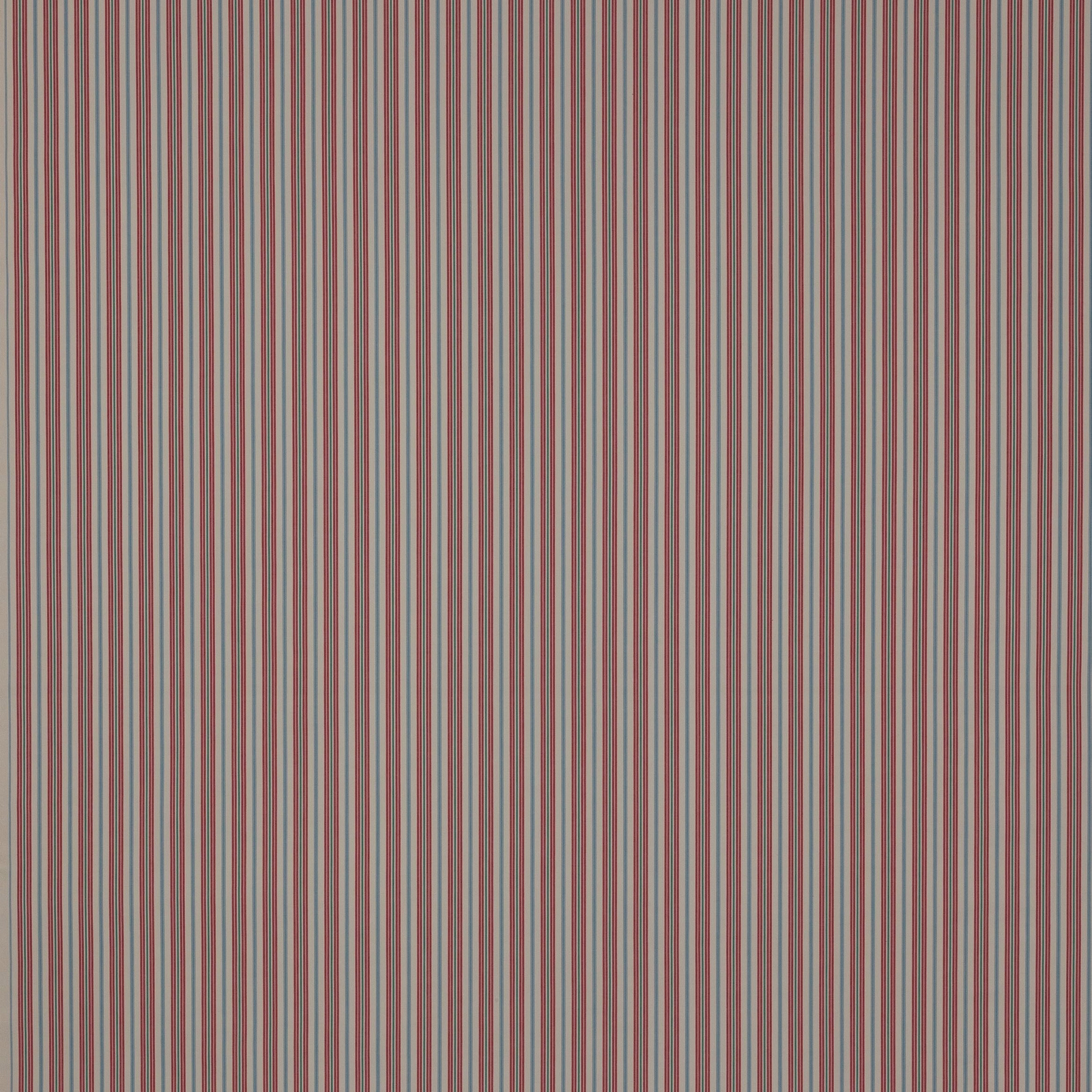 Vertical red and teal stripe cotton fabric on a pale neutral ground