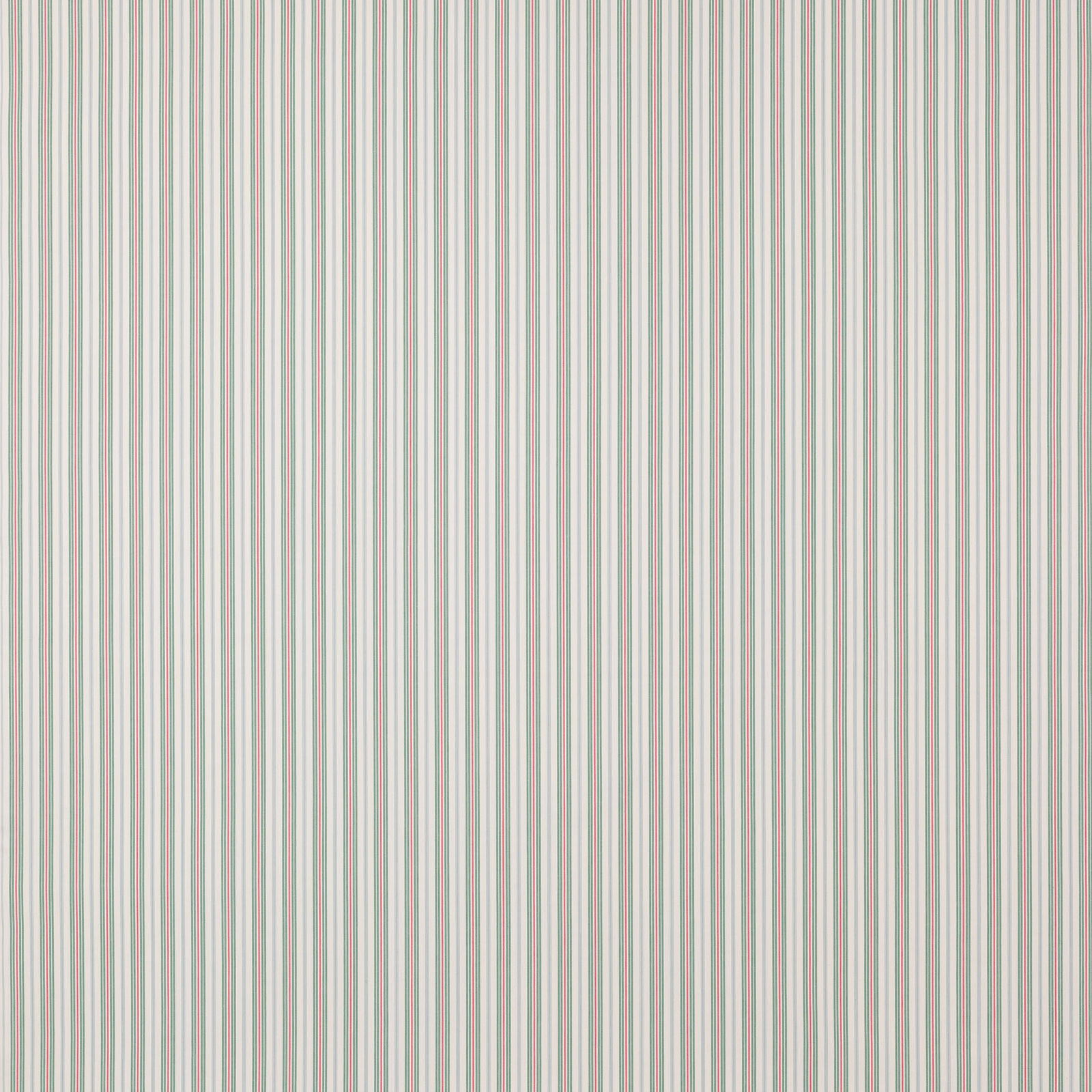 Fine vertical stripe fabric in soft teal, blush and pale grey on ivory