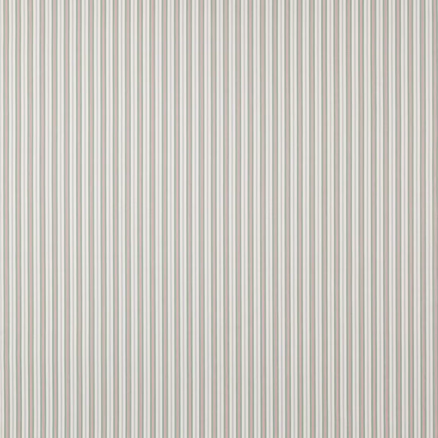 Fine vertical stripe fabric in soft teal, blush and pale grey on ivory