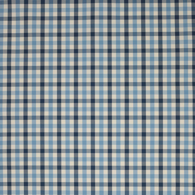 Blue and navy gingham check cotton fabric with crisp woven squares