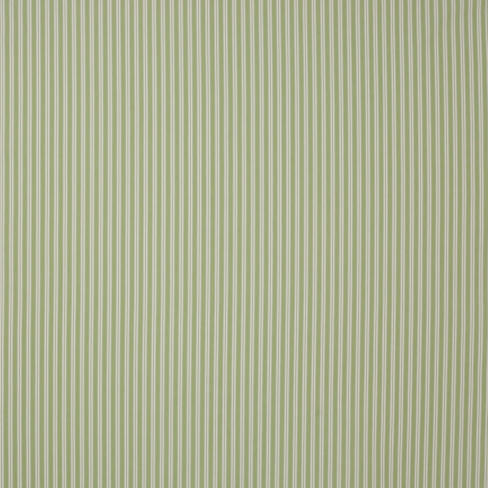 Pale sage green cotton stripe fabric with fine vertical cream pinstripes
