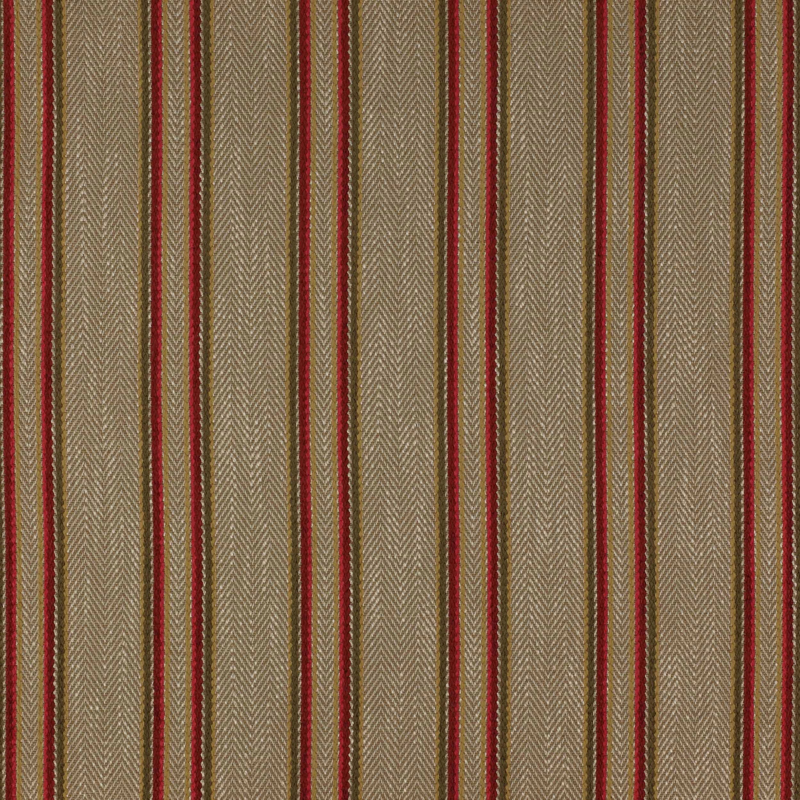 Olive green striped fabric with narrow red and tan vertical bands, fine herringbone texture