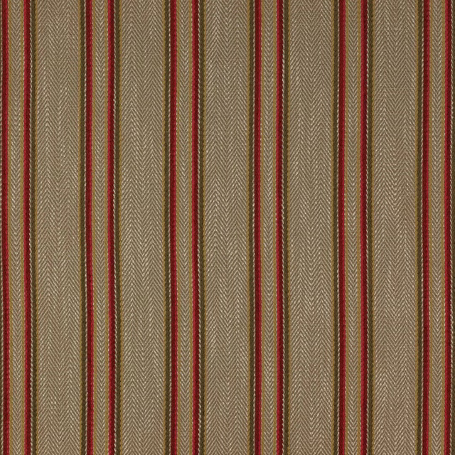 Olive green striped fabric with narrow red and tan vertical bands, fine herringbone texture