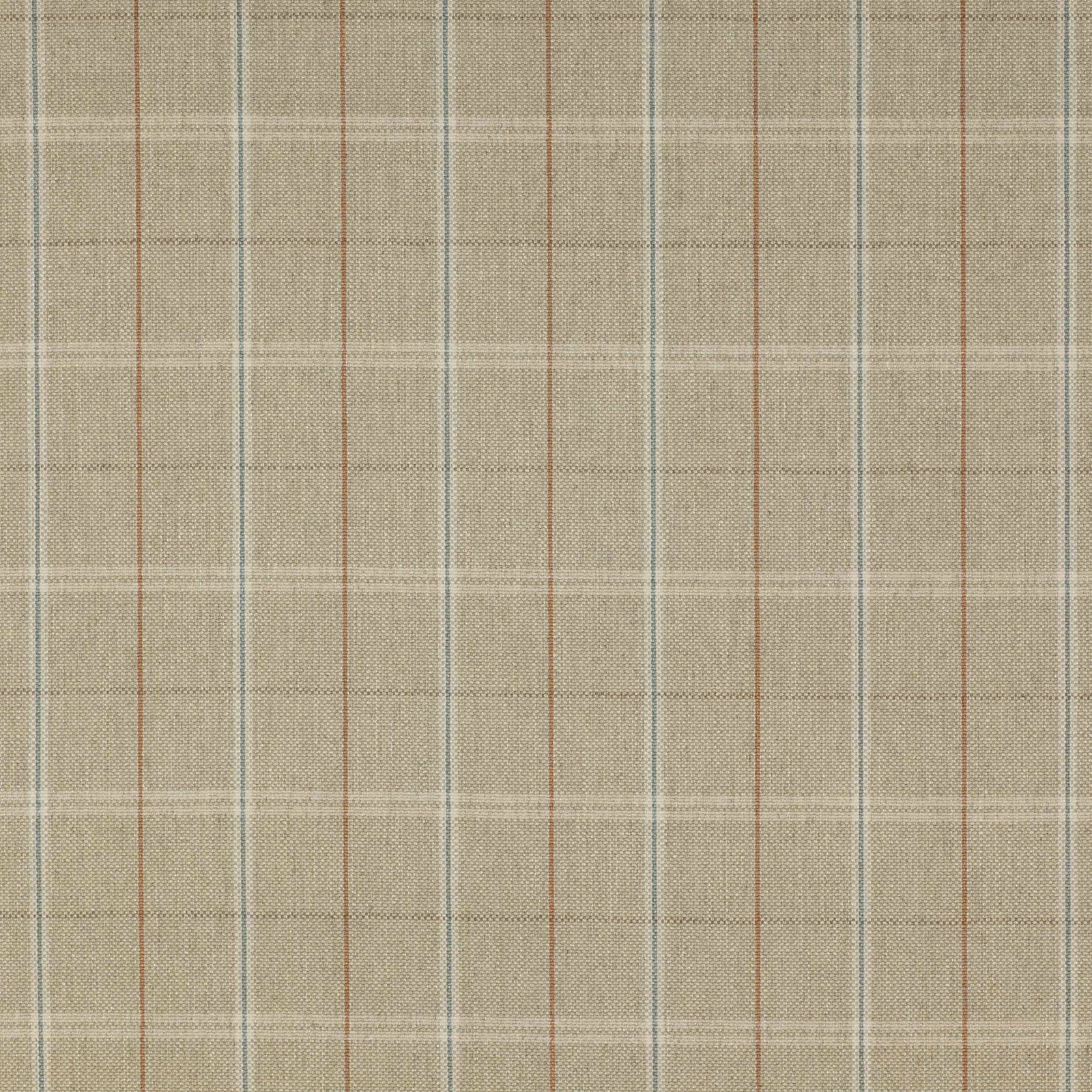 Close-up of a sand beige checked fabric with fine blue and terracotta stripes
