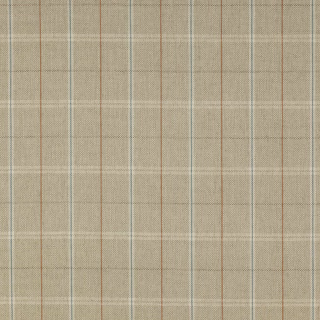 Close-up of a sand beige checked fabric with fine blue and terracotta stripes