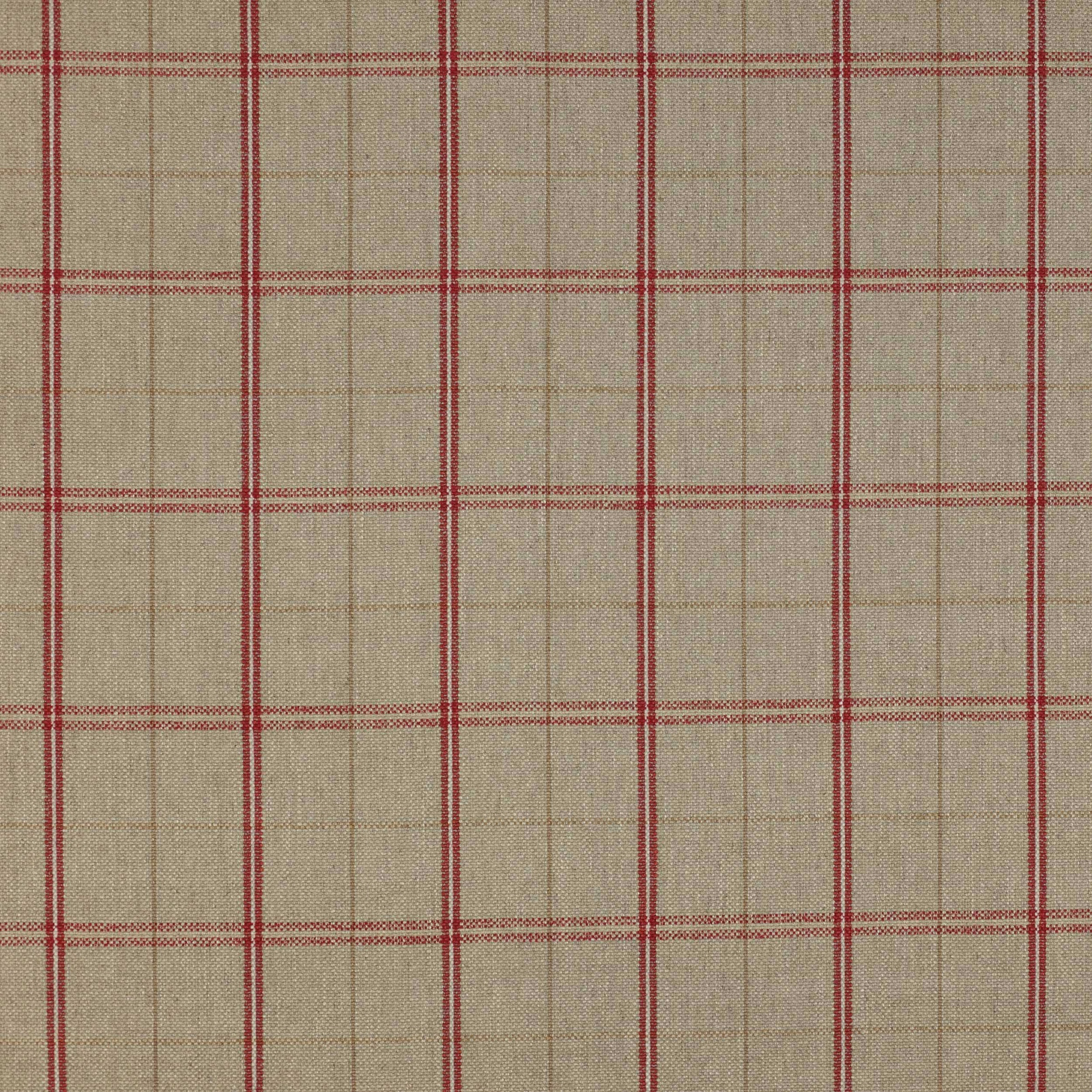 Beige woven check fabric with thin tomato-red crossing stripes