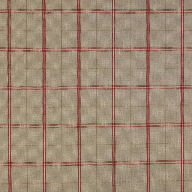 Beige woven check fabric with thin tomato-red crossing stripes
