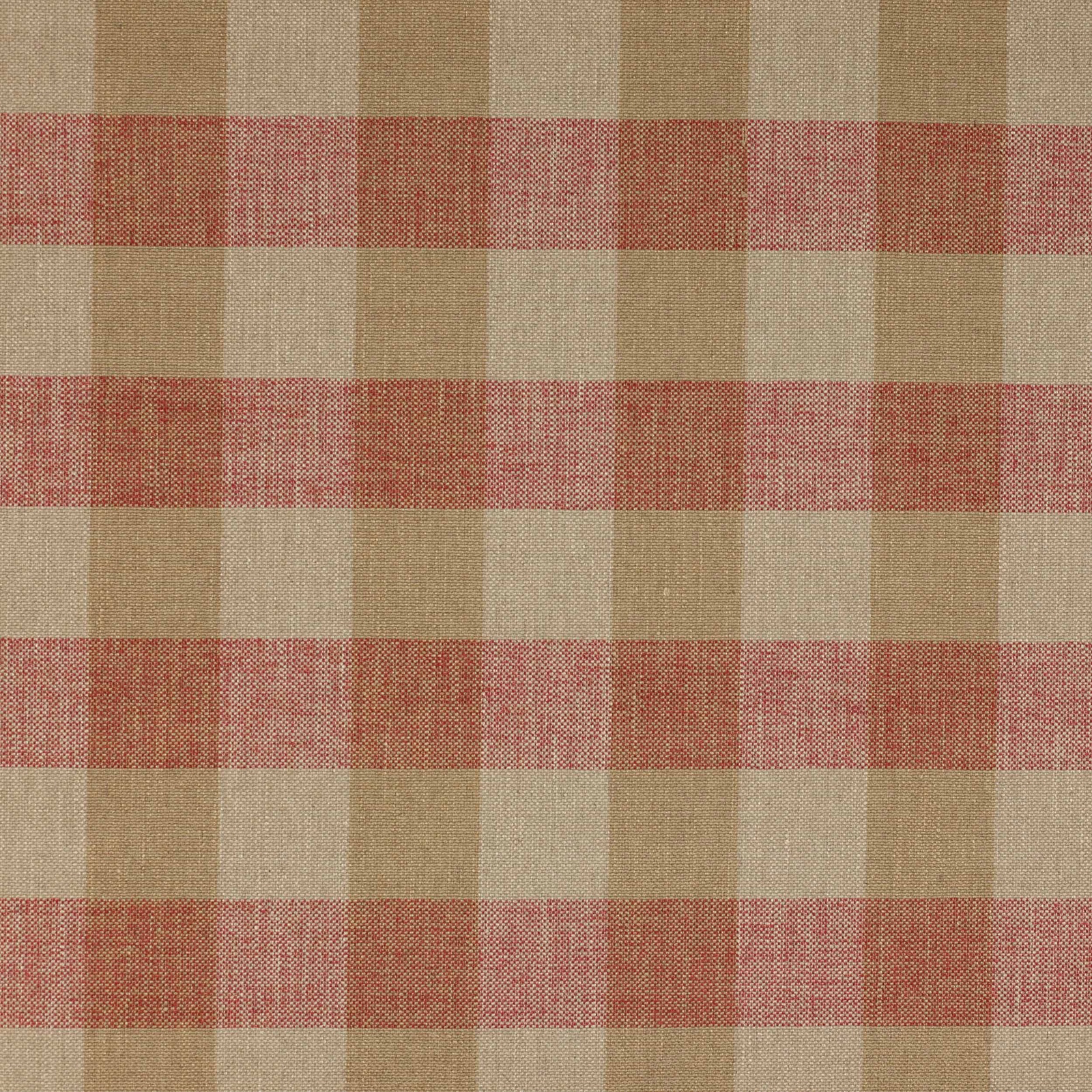 Tomato red and sand woven check fabric with a medium-scale rustic texture