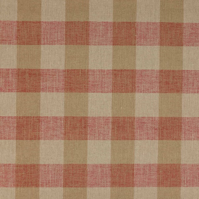 Tomato red and sand woven check fabric with a medium-scale rustic texture