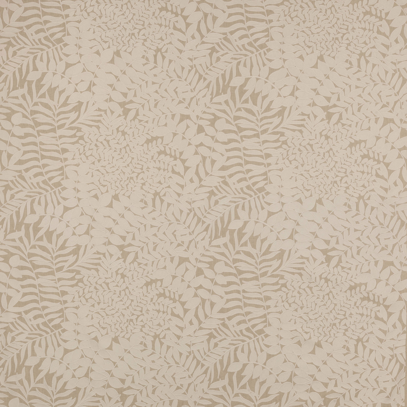 Soft cream botanical fabric with layered leaf motifs and a linen-like texture