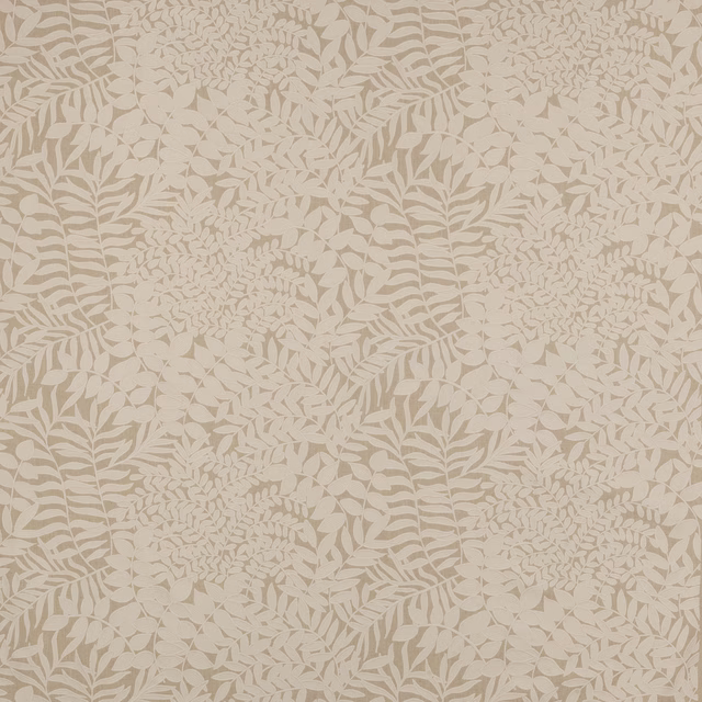 Soft cream botanical fabric with layered leaf motifs and a linen-like texture