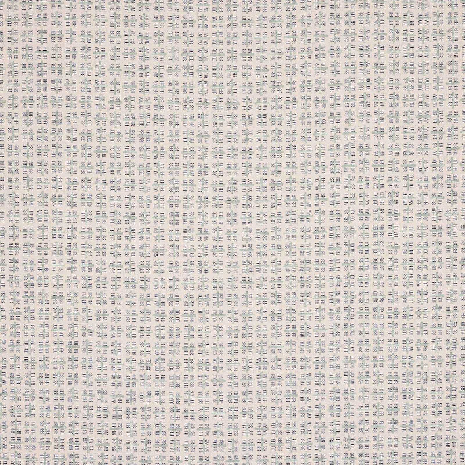 Pale aqua and blue-grey small geometric fabric on an off-white ground