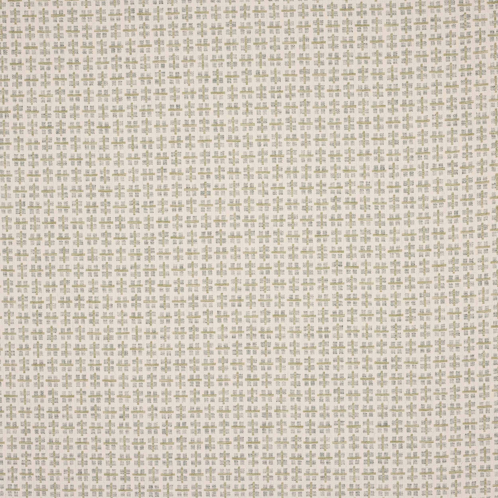 Pale geometric fabric swatch with small sage green motifs on an ivory ground