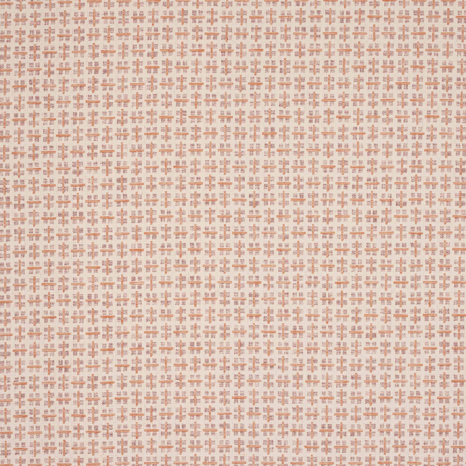 Close-up of a small coral and ivory woven check fabric with a textured ground