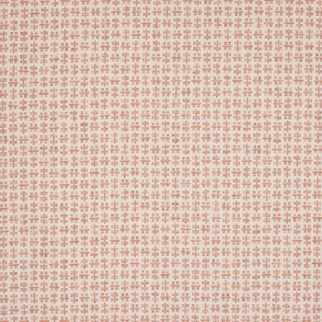 Close-up of a small coral and ivory woven check fabric with a textured ground