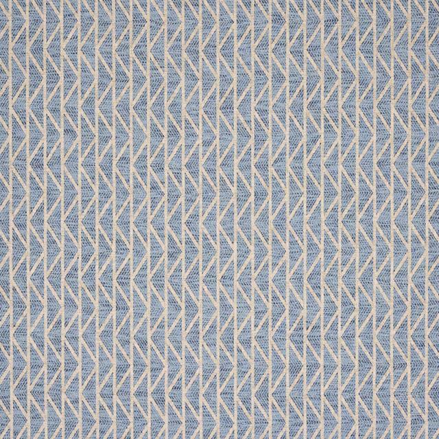 Blue geometric woven fabric with small zigzag pattern and pale contrast motif
