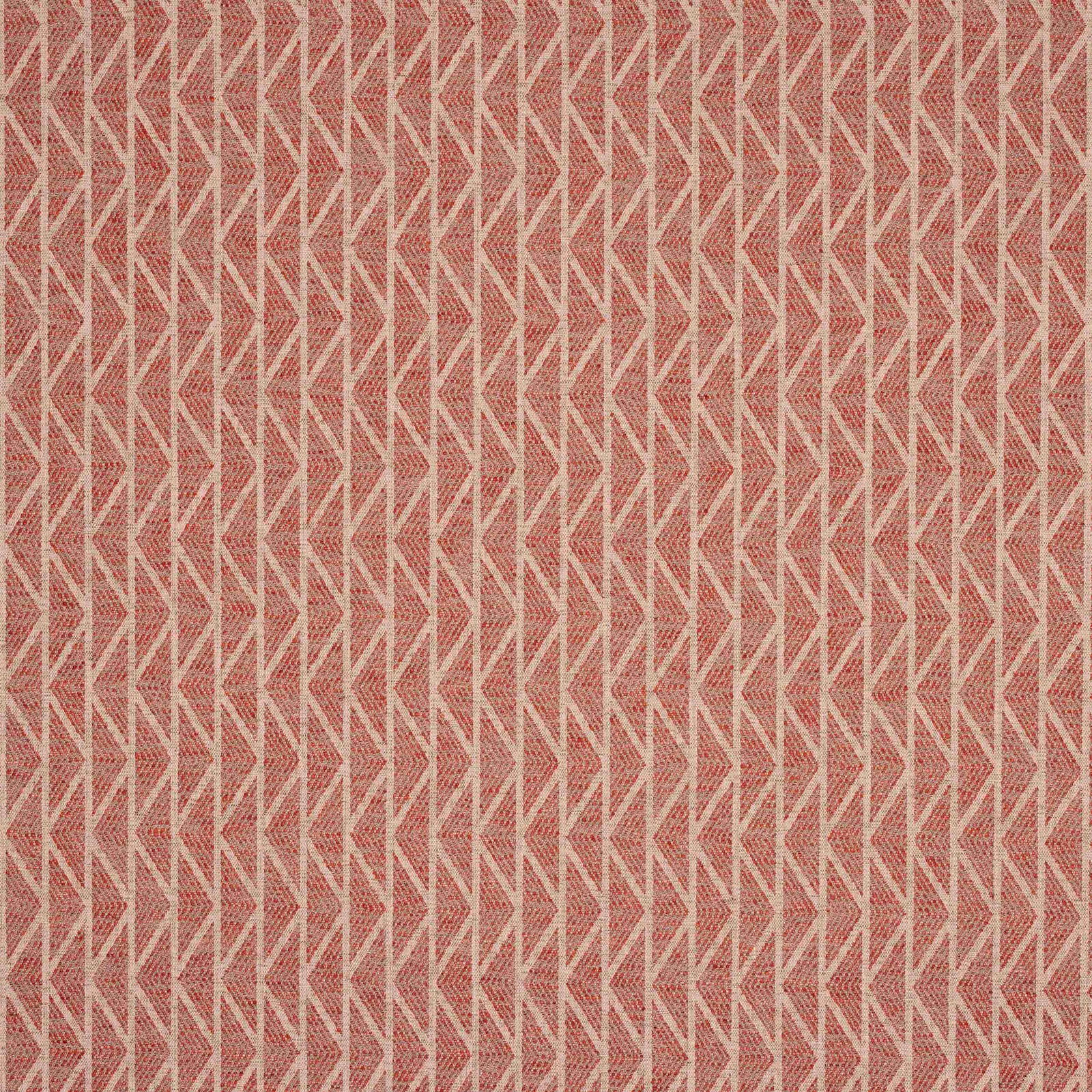 Close-up of a terracotta red zigzag woven fabric with pale linear accents