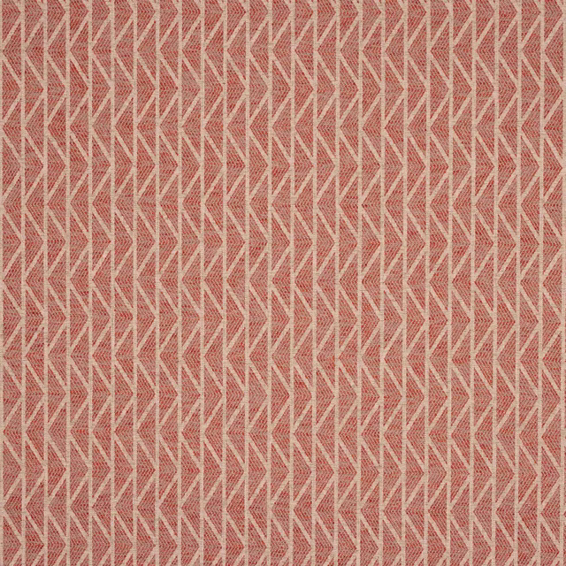 Close-up of a terracotta red zigzag woven fabric with pale linear accents