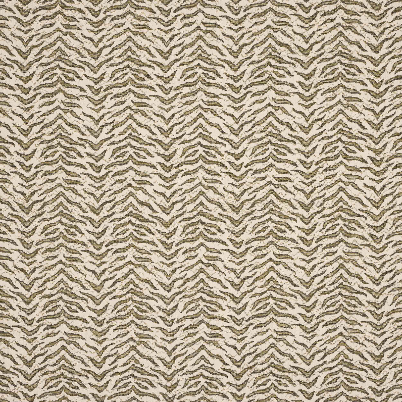 Close-up of a warm beige woven fabric with small olive-taupe zigzag pattern