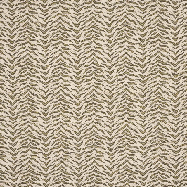 Close-up of a warm beige woven fabric with small olive-taupe zigzag pattern