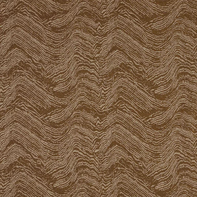 Close-up of wavy cocoa brown and beige woven fabric with woodgrain-like texture
