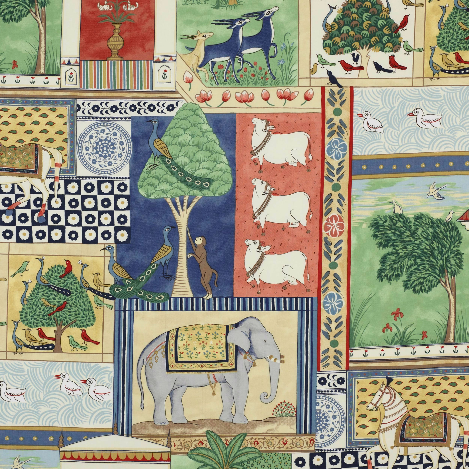 Patterned cotton fabric swatch in deep blue with illustrated animals and trees