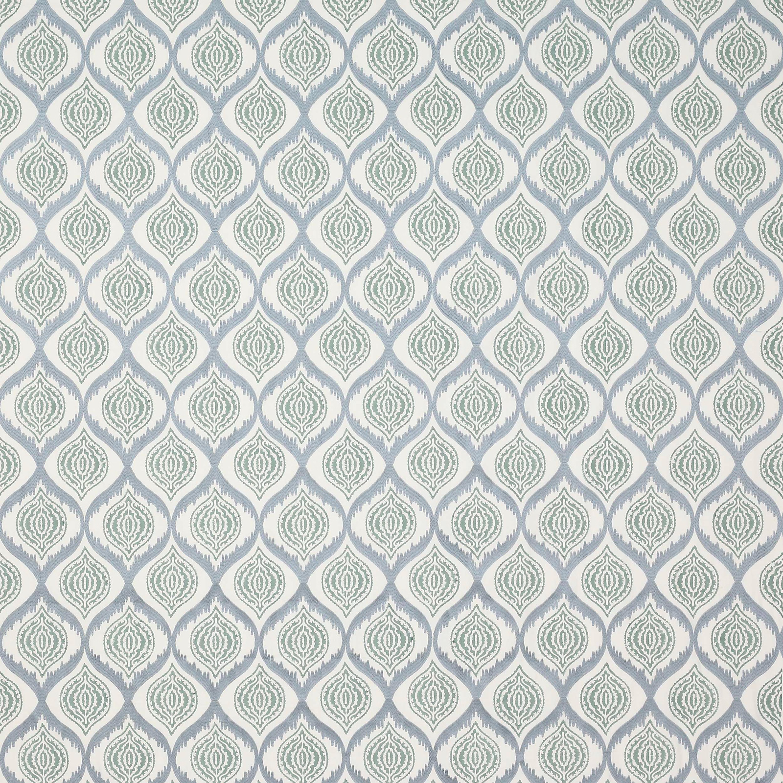 Small repeating aqua-blue leaf motif on a pale ivory ground