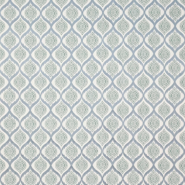 Small repeating aqua-blue leaf motif on a pale ivory ground