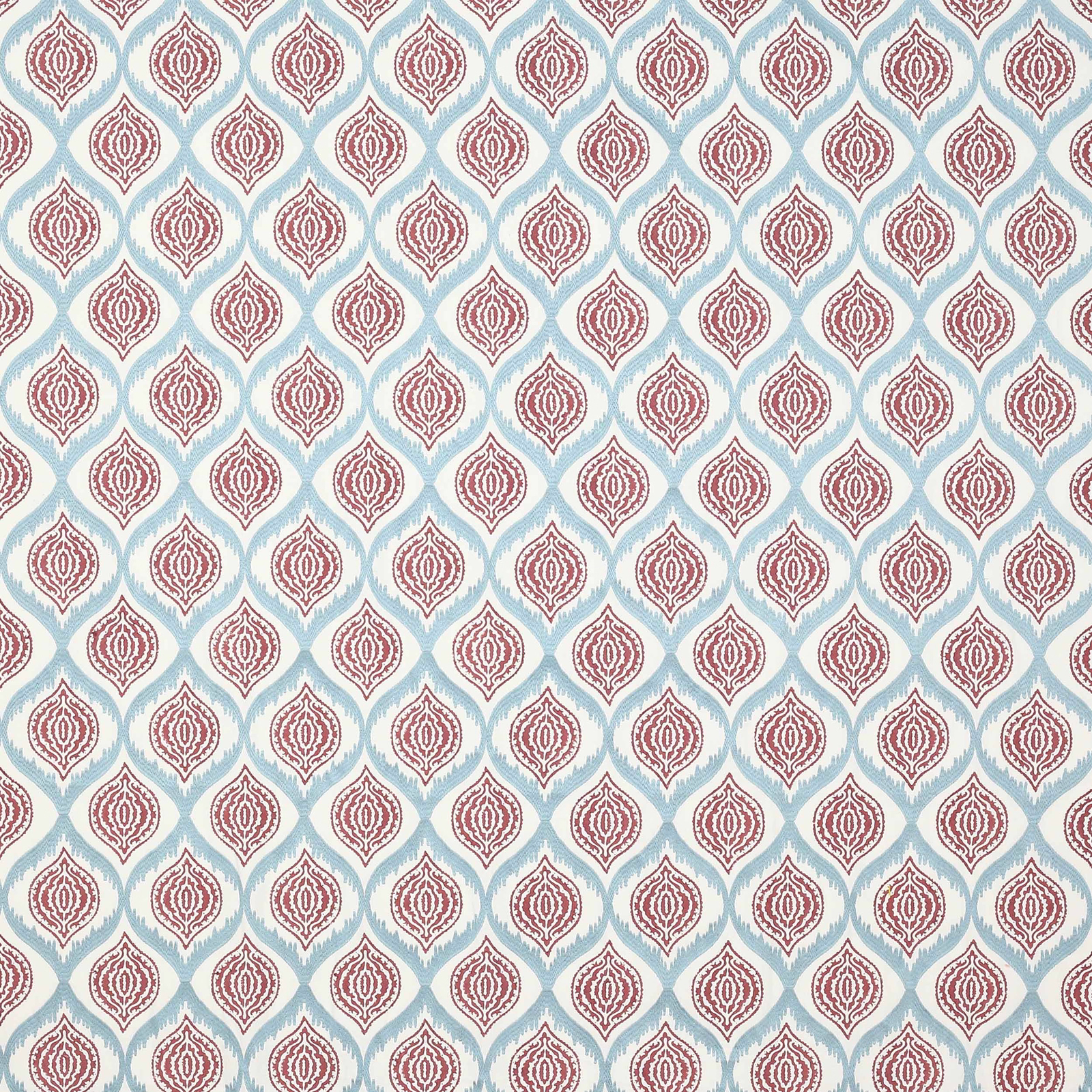Repeating red teardrop motifs on a pale aqua patterned fabric swatch
